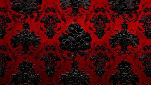 Velvety red damask wallpaper with sculpted dark florals.