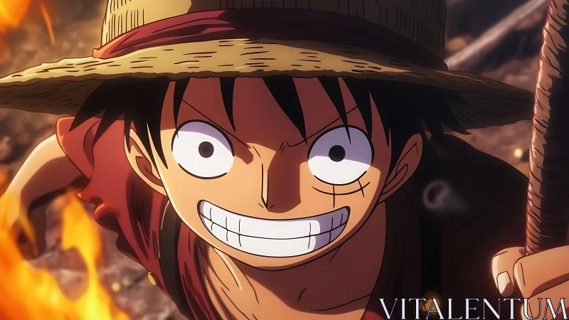 Anime close-up action portrait with dynamic warm lighting.