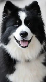 Photorealistic portrait of fluffy black and white dog in soft focus.