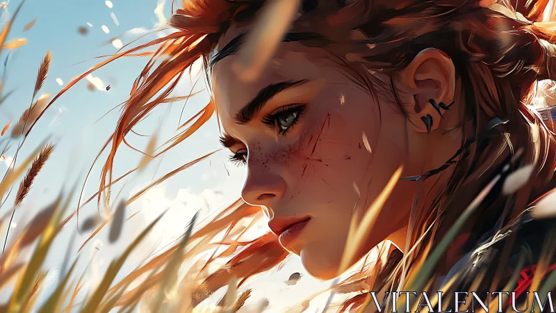 Wind-tossed warrior gazes ahead through sunlit grassland.