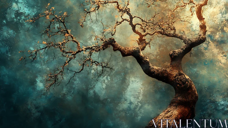 Twisted Ancient Tree in Dreamlike Abstract Style Painting.