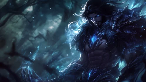 Dark warrior channels icy magic in a haunted forest realm