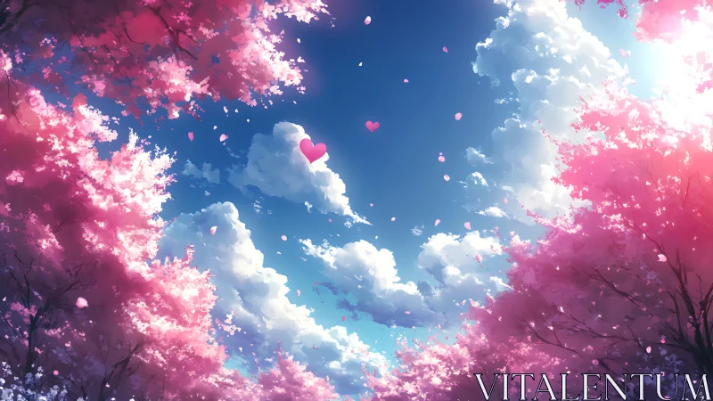 Aerial sakura canopy with volumetric clouds and heart motifs.