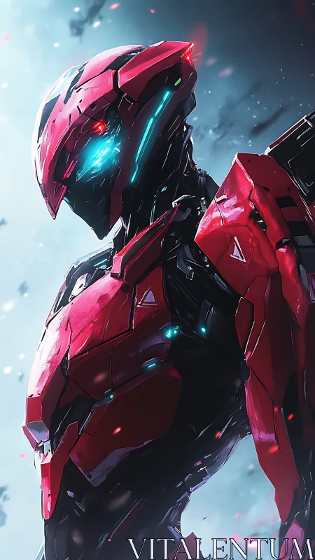 Crimson mech knight tilts skyward and ignites neon resolve