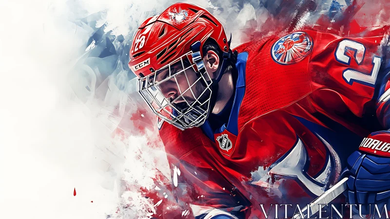 Bold hockey player charges forward in vivid red energy