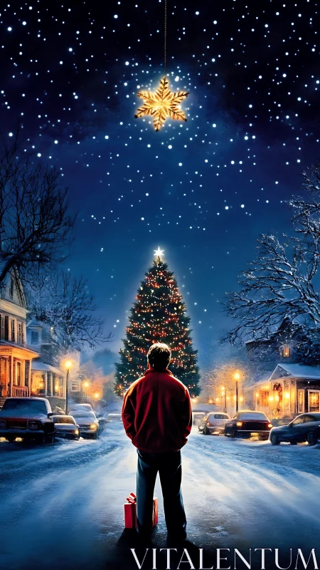 Snowy street dreamer beneath a guardian Christmas star.