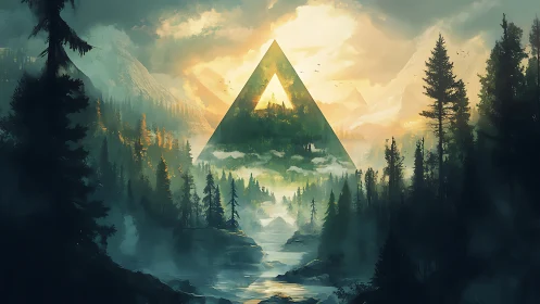 Triangular atmospheric portal over alpine conifer valley.