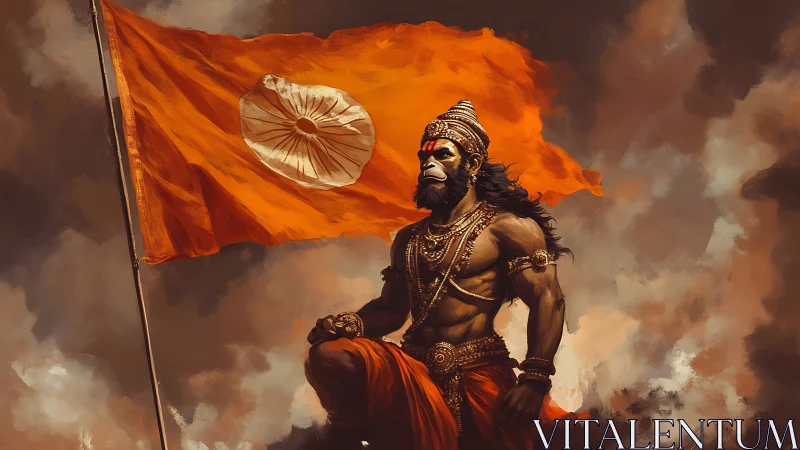 Stormfire sentinel Hanuman guarding the blazing saffron sky.