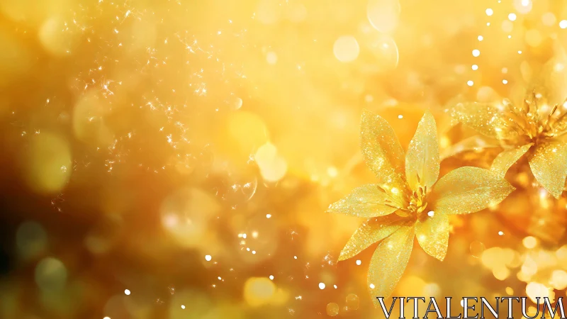 Macro close-up of glittering golden flowers with luminous bokeh
