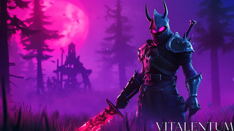 Armored cyber-knight with energy sword under magenta moon