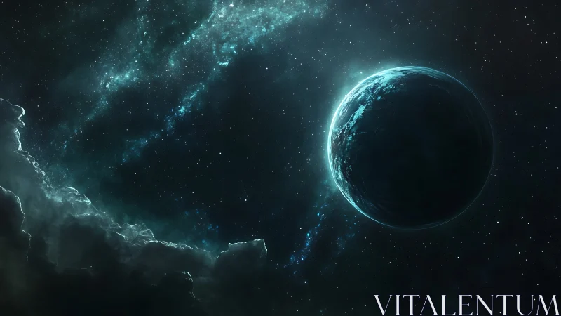 Icy exoplanet drifts through luminous teal starfield void.