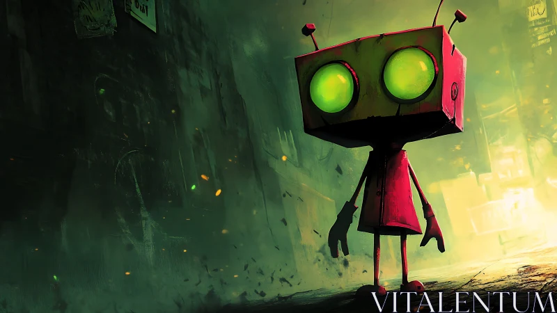 Neon-eyed alley robot wonders who switched off the stars