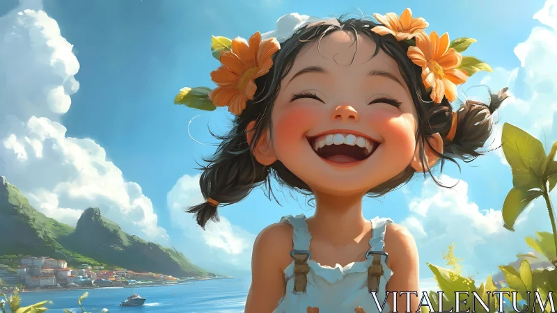 Smiling girl radiates joy on a bright coastal summer day