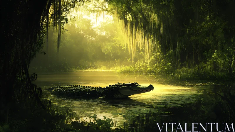 Solitary alligator resting in sunlit swamp clearing.