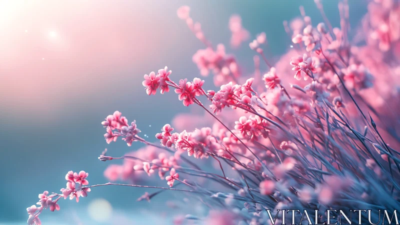 Pink Blossoms Against Blue Sky. Soft Focus Floral Scene.