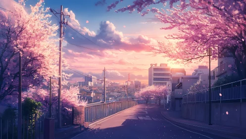 Anime twilight street with cherry blossoms in linear perspective.