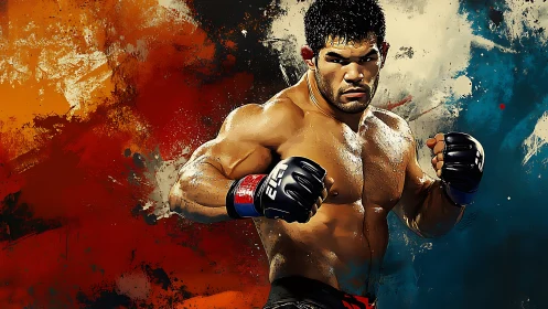 MMA Fighter in Combat Stance with Explosive Color Splash.