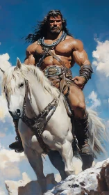 Barbarian warrior astride white warhorse under bold skies.