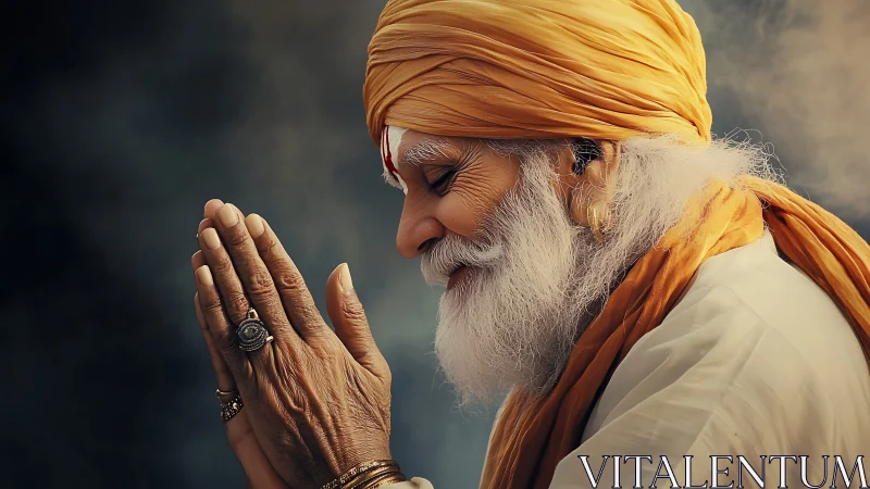 Elderly sage in golden turban bows in peaceful prayer.