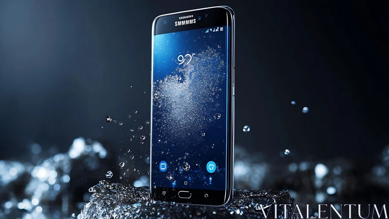 Water-resistant smartphone stands upright amid dynamic splash