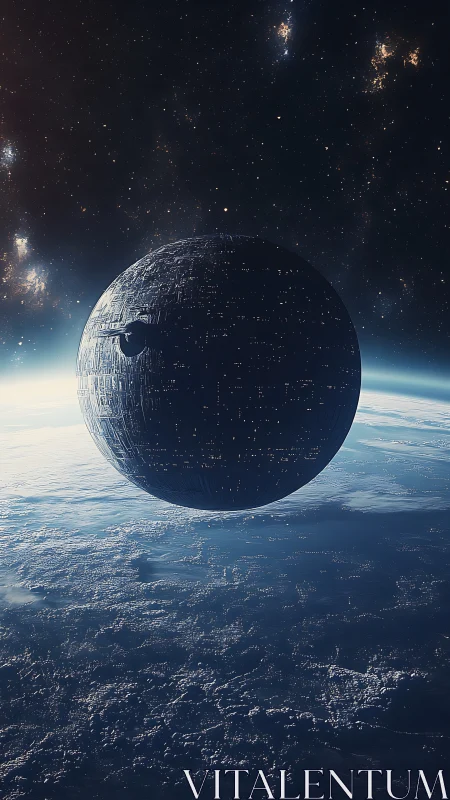Massive spherical space station orbiting a blue planet.