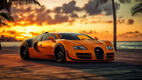 Orange sports coupe on coastal road at sunset with palms.