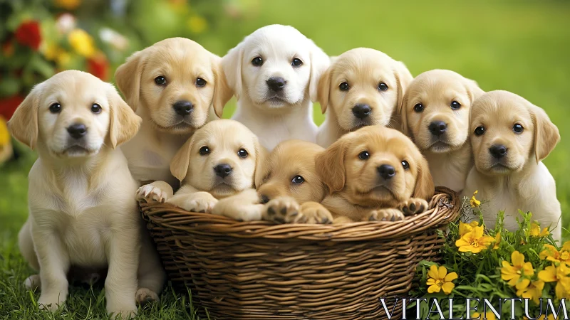 Group of labrador puppies sits clustered in a wicker basket