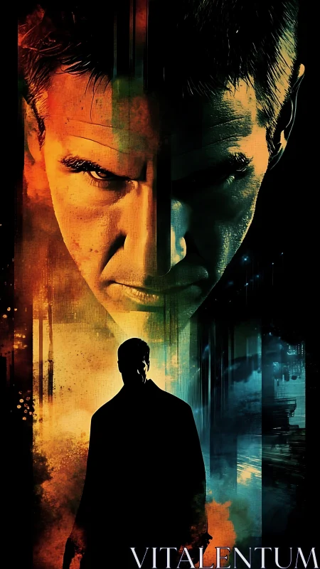 Brooding cyber noir portrait with silhouetted city wanderer.