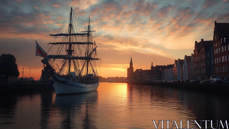 Tall ship rigging silhouetted against reflective harbor sunset.