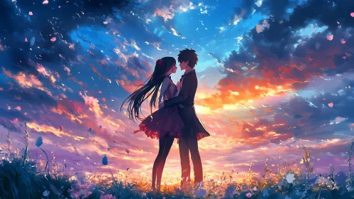 Romantic anime couple standing under vivid sunset sky.