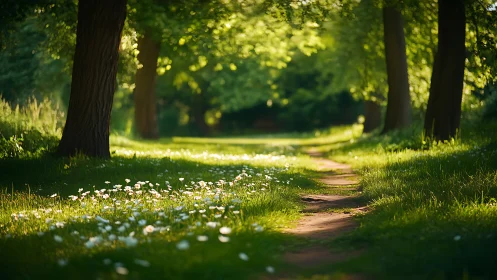 Sunlit forest path with wildflowers in soft natural light.