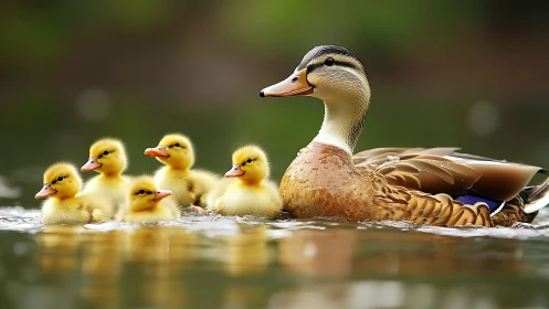 Mother duck guides fluffy ducklings across a calm pond