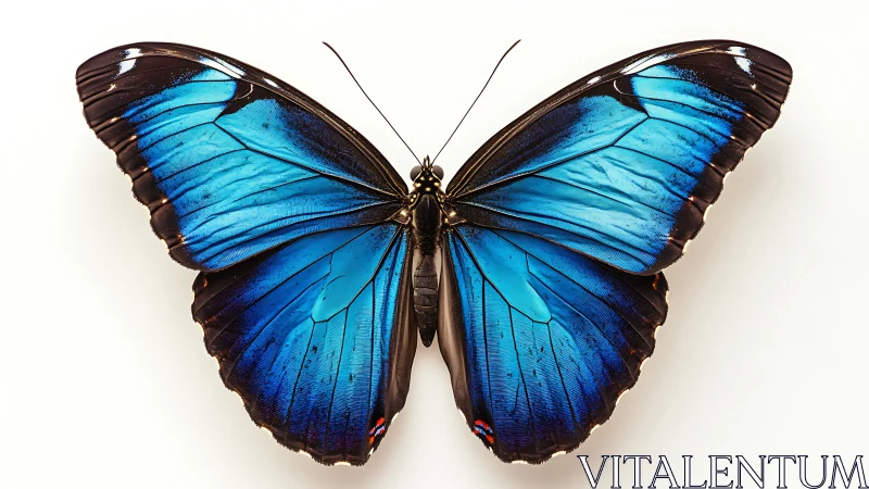 Blue morpho butterfly with open wings on white background.