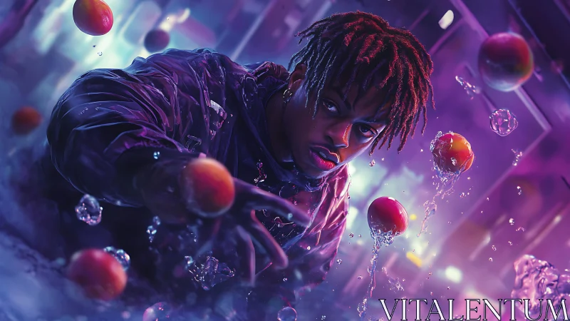 Neon drenched portrait with floating fruit and water orbs.