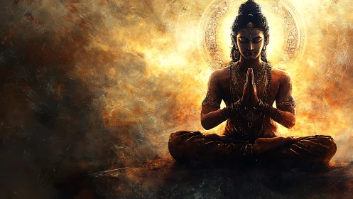 Radiant meditative deity in high-contrast luminous vortex field.