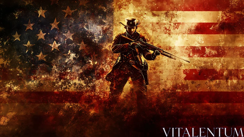 Armed figure in front of distressed United States flag background.