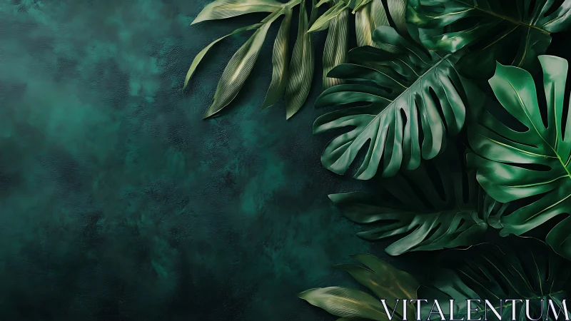 Lush monstera foliage over deep teal textured backdrop.