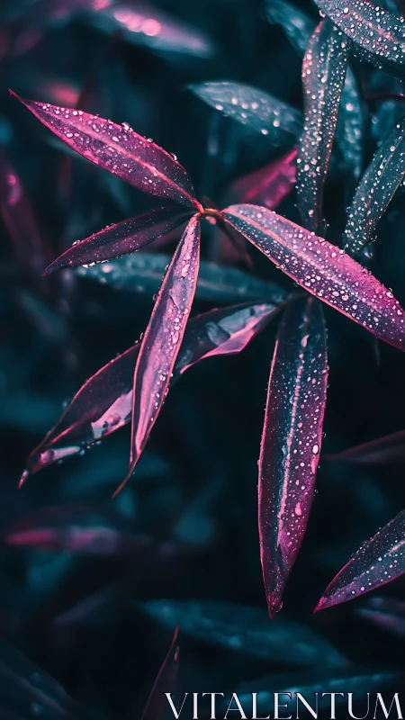 Neon-tinted leaves shimmer under raindrops in moody light.