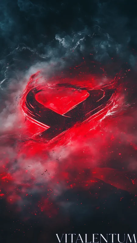 Fiery abstract emblem carved through red storm clouds.