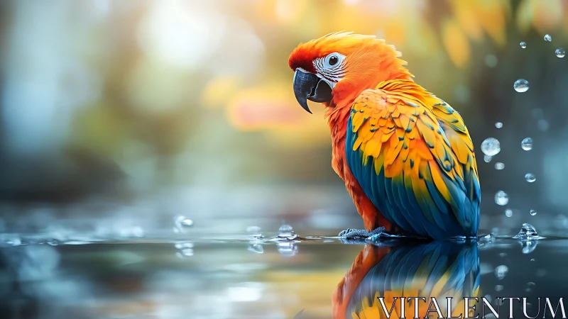Vibrant Parrot Perched by Water in Soft-Focus Nature Scene.