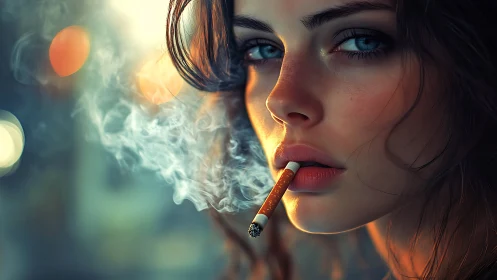 Smoke-lit gaze beneath city bokeh, burning quiet defiance.