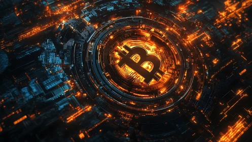 Glowing bitcoin symbol shining in a digital city of light.