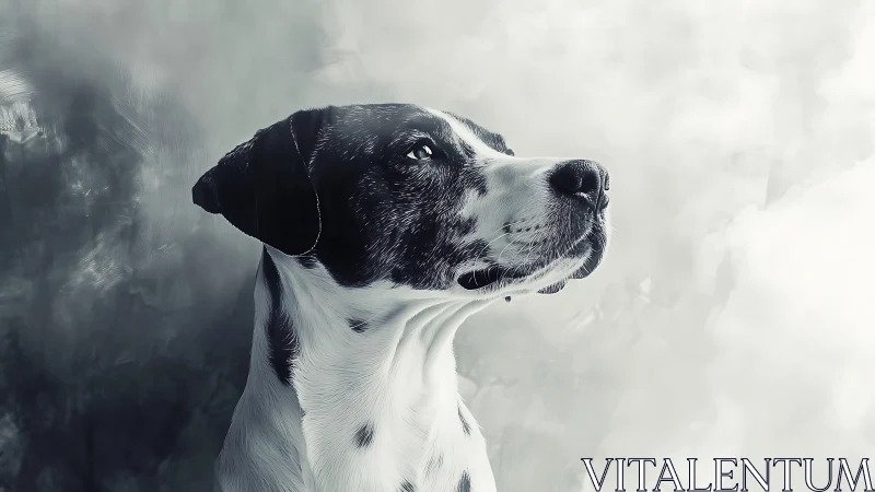 High-contrast canine portrait isolates profile against misty bokeh