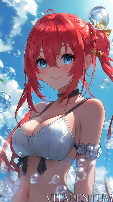 Red haired anime girl in bikini under bright blue sky.