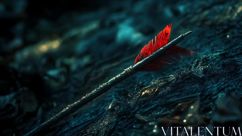 Macro-rendered red-fletched arrow embedded in wet terrain.