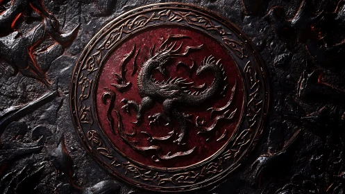 Embossed dragon crest set into dark molten stone surface