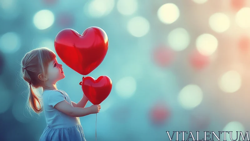 A Child's Gentle Wonder With Floating Heart Balloons.