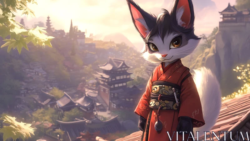 Fox-eared samurai child overlooks serene mountain village.