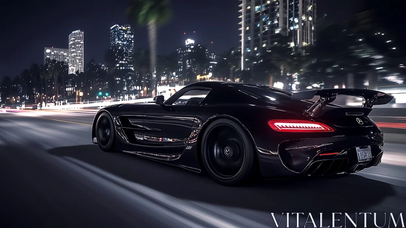 Black sports coupe progresses through illuminated city street
