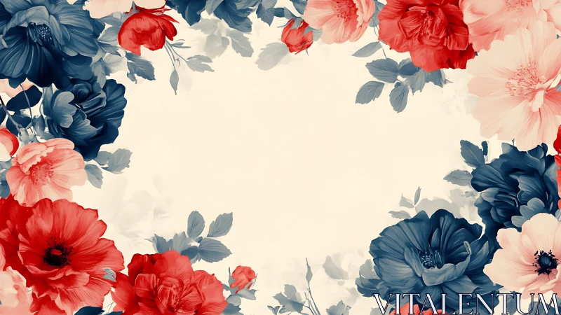 Floral border composition with layered petals in navy, red, and cream tones